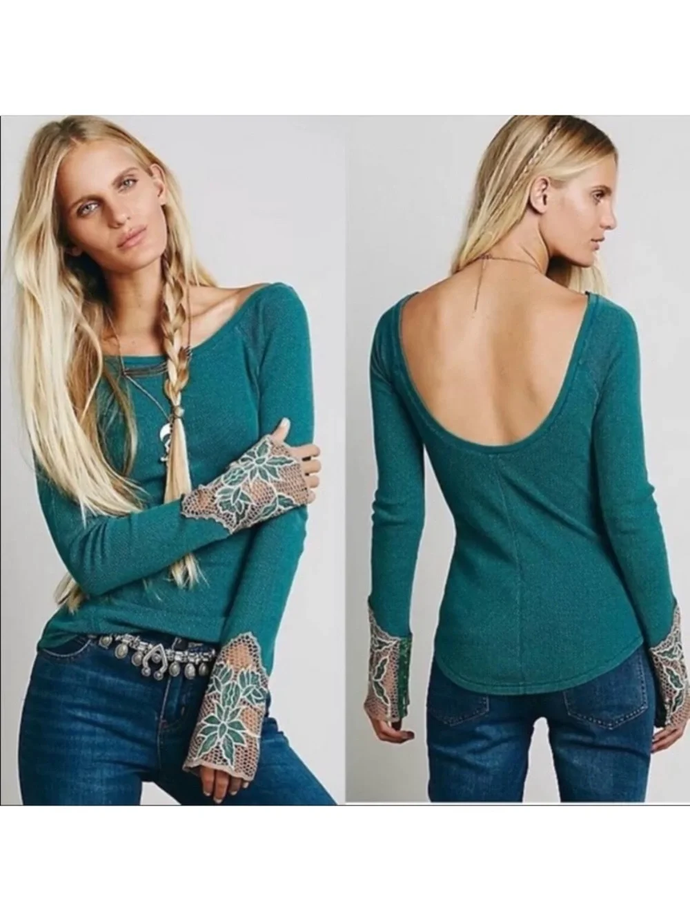 Free People Bali Babe Green Long-Sleeve Knit Top with Lace Cuffs
